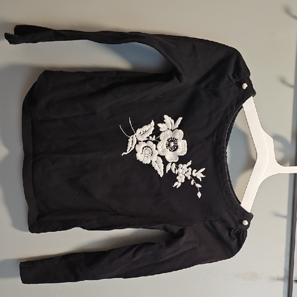 Black Long Sleeve Top with White Floral Embroidery